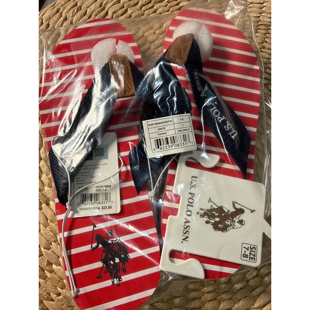 U.S. Polo Assn. Flip Flops Red‎ Striped Sandals Casual SummerSize 7/8